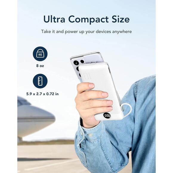 VEGER Portable Charger 10000mAh Slim Fast Charging USB C Power Bank White - Picture 8 of 9